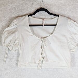 411-Free People Cream Tie-Front Puff Sleeve Crop Top